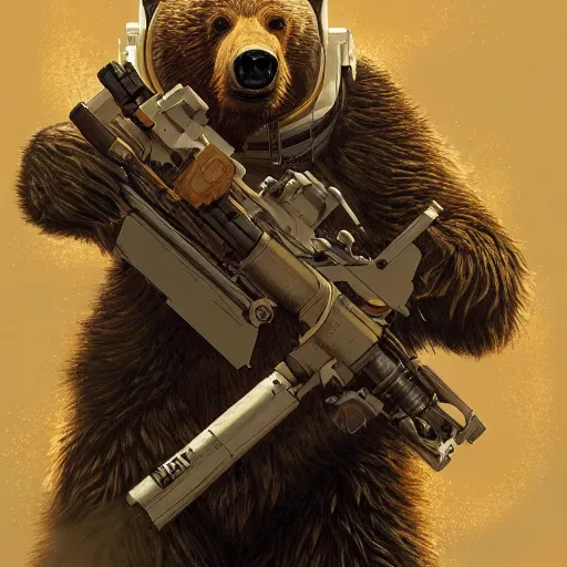 Image similar to detailed science - fiction character portrait of a grizzly bear shooting a machine gun in space, intricate, wild, highly detailed, digital painting, artstation, concept art, smooth, sharp focus, illustration, art by artgerm and greg rutkowski and alphonse mucha