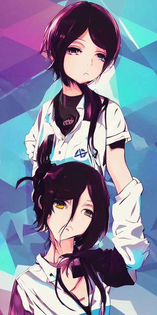 Prompt: shirt art, logo graphic design, anime style, realistic lighting, futuristic matte colors, made by ilya kuvshinov, sold on sukebannyc, front portrait of a girl, jpop clothing, sneaker shoes, arcade cabinet in background