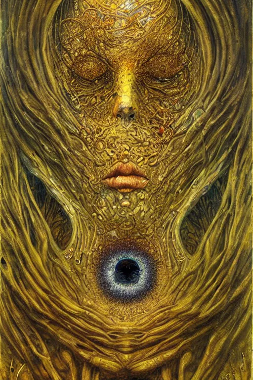 Image similar to The Ergot Spore by Karol Bak, Jean Deville, Gustav Klimt, and Vincent Van Gogh, otherworldly, fractal structures, arcane, prophecy, ornate gilded medieval icon, third eye, spirals