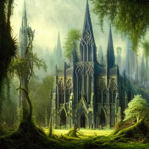 Prompt: a beautiful and highly detailed matte painting of a beautiful cathedral in a magical fantasy forest, otherworldly trees and plants and flowers, celtic vegetation, epic scale, insanely complex, hyperdetailed, sharp focus, hyperrealism, artstation, cgsociety, 8 k, bright colors, by caspar friedrich, albert bierstadt, james gurney, brian froud,