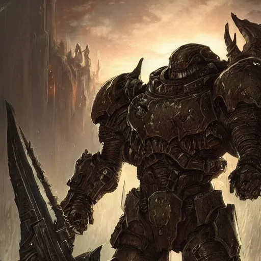 Image similar to fantasy art of doom slayer, intricate, smooth detailed, marine armor, cgsociety, doom hell theme