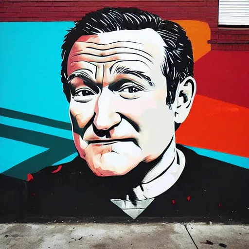 Image similar to robin williams street art mural by amanda stubbs x sachin teng x supreme : 1 high contrast, hard edges, matte painting, geometric shapes, marijuana, masterpiece : 1