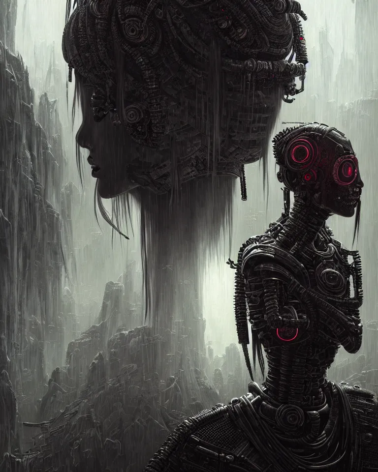 Image similar to ultra realist intricate detailed portrait of a dark samurai cyberpunk girl in an alien landscape, insanity, accurate features, apocalyptic, very intricate details, 8 k resolution, dim lighting, volumetric lighting, artstyle, brian despain and caspar david friedrich, award winning