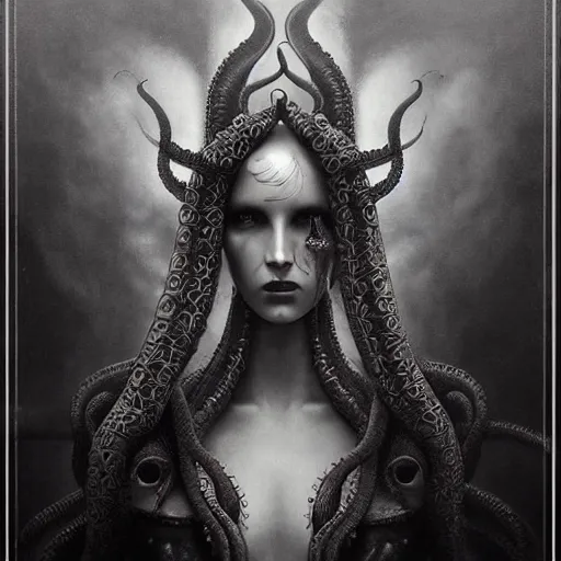 Prompt: By Tom Bagshaw, ultra realist soft painting of curiosities carnival by night, very beautiful bodysuit tentacles, symmetry accurate features, very intricate details, ominous sky, black and white, volumetric light clouds