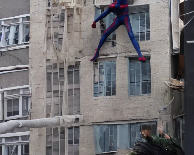 Image similar to photograph of spider - man on a building movie set