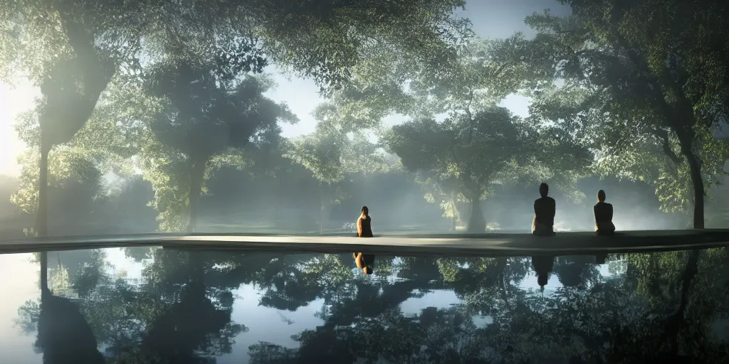 Prompt: distant figures sitting by a reflecting pool, by sapna reddy, cinematic forest lighting, hyperdetailed, in volumetric soft glowing mist, elegant pose, movie still, real life landscape