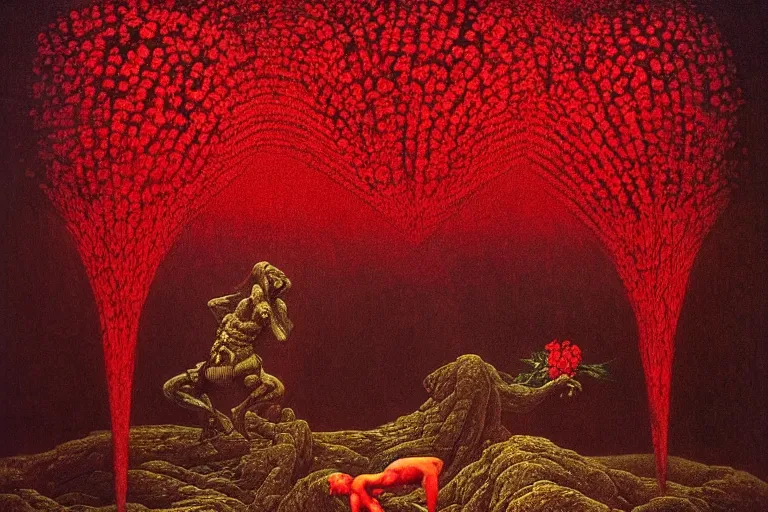 Image similar to only with red, red flowers of different types, a red tiger, a castle in the background, medieval demons dance over the flowers, an ancient path, in the style of beksinski, part by hopper, part by rodcenko, part by hofbauer, intricate composition, red by caravaggio, insanely quality, highly detailed, masterpiece, red light, artstation