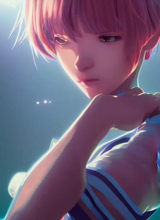 Image similar to highly detailed portrait of rei ayanami from neon evangelion, stephen bliss, unreal engine, loish, rhads, makoto shinkai and lois van baarle, ilya kuvshinov, rossdraws, tom bagshaw, global illumination, radiant light, detailed and intricate environment