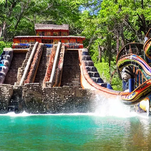 Prompt: ancient mayan waterpark full of carved water slides