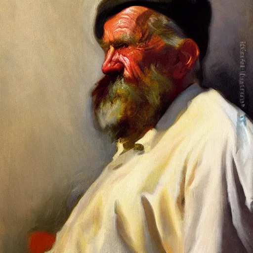 Image similar to detailing character concept portrait of old man by John Singer Sargent, on simple background, oil painting, middle close up composition