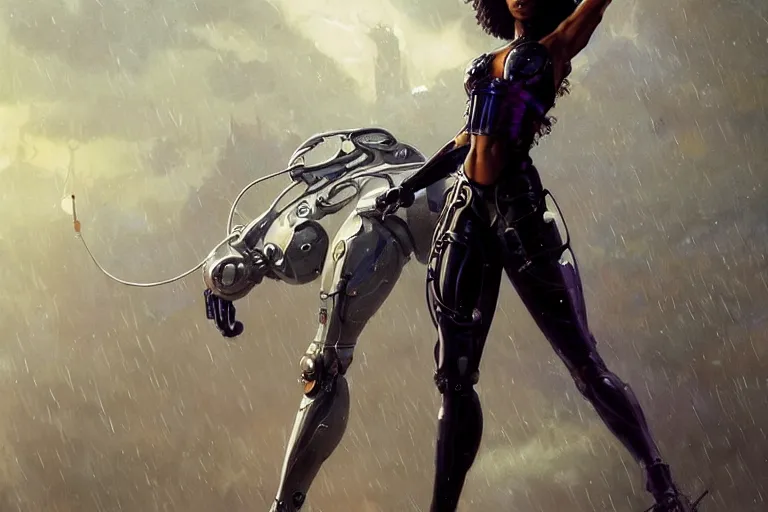 Prompt: cyborg hacker normani as aeon flux profile picture by greg rutkowski, dynamic pose, intricate, futuristic, fantasy, elegant, by stanley artgerm lau, greg rutkowski, thomas kindkade, alphonse mucha, loish, norman rockwell, metal chrome, shiny, rainy day, asymmetric, long afro hair, wires,