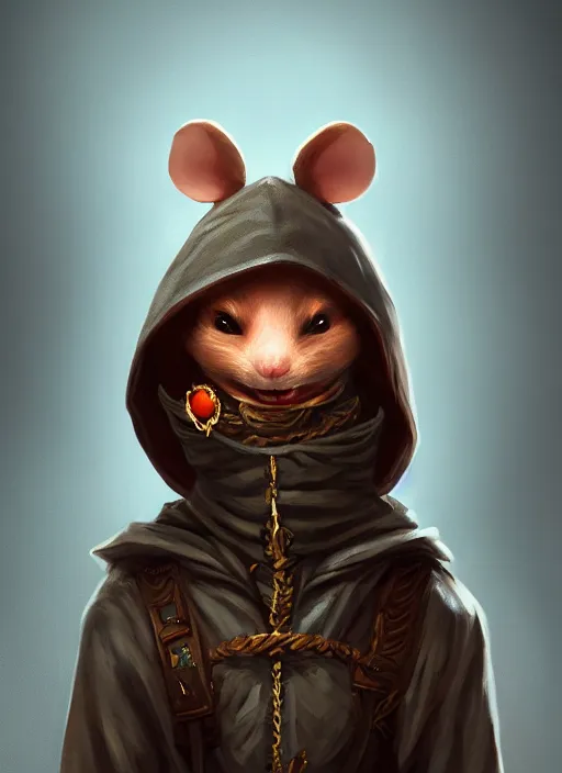 Image similar to full body concept, very fine art oil painting of a cute and sneaky D&D style anthropomorphic mouse hooded thief with a very beautiful face wearing full intricate clothing, ultra detailed, octane render, 4K, dystopian, micro details