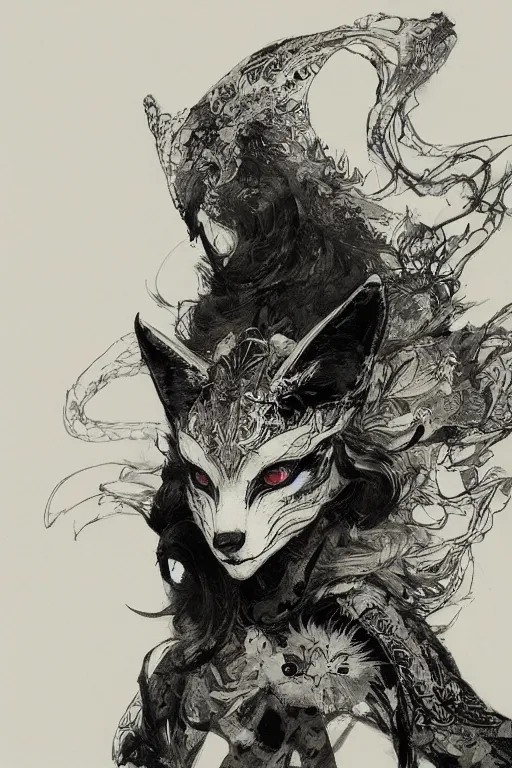 Image similar to portrait of a girl in kitsune demon fox mask and black suit, pen and ink, intricate line drawings, by craig mullins, ruan jia, kentaro miura, greg rutkowski