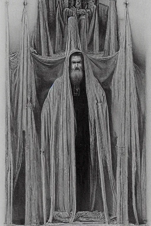 Prompt: an orthodox patriarch in a very tall russian temple, in style of Zdzislaw Beksinski,