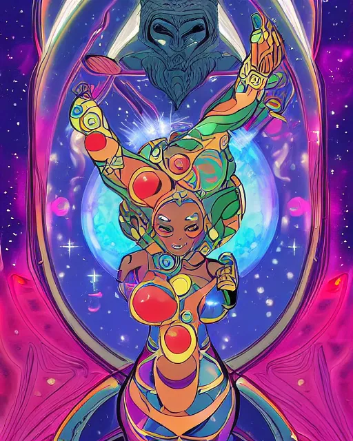 Image similar to the cosmic space goddess of evolution, beautiful digital painting in the style of Jack Kirby (1968), and don bluth, sharp details, intricate detail, crackling energy, quirky expression