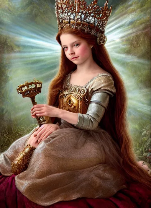 Prompt: highly detailed closeup portrait of a fairytale medieval princess wearing a crown and sitting on a throne, unreal engine, nicoletta ceccoli, mark ryden, earl norem, lostfish, global illumination, god rays, detailed and intricate environment