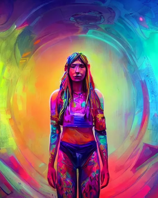 Image similar to colorful full body portrait of a hippie, set in the future 2 1 5 0 | highly detailed | very intricate | symmetrical | professional model | cinematic lighting | award - winning | painted by mandy jurgens and ross tran | pan futurism, dystopian, bold psychedelic colors, cyberpunk, groovy vibe, anime aesthestic | featured on artstation