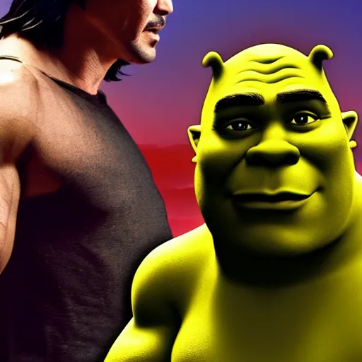 Image similar to muscular keanu reeves fighting muscular shrek, highly detailed, high quality, hd, 4 k, 8 k, canon 3 0 0 mm, professional photographer, 4 0 mp, lifelike, top - rated, award winning, realistic, sharp, no blur, edited, corrected, trending