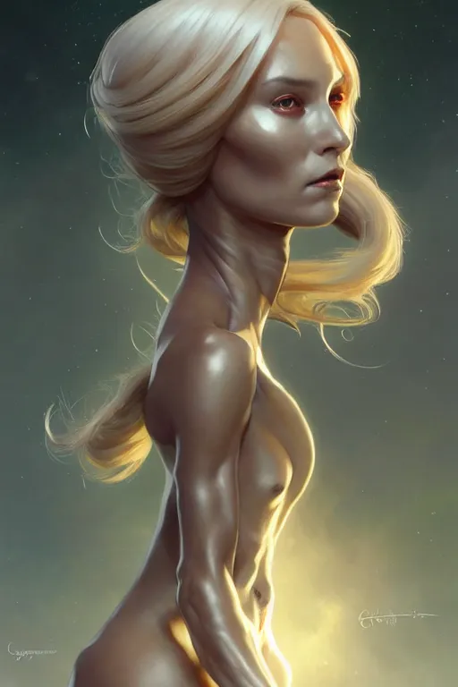 Prompt: clear portrait of a attractive female alien, cottagecore!!, background hyper detailed, character concept, full body, dynamic pose, intricate, elegant, highly detailed, digital painting, artstation, concept art, smooth, sharp focus, illustration, art by artgerm and greg rutkowski and alphonse mucha