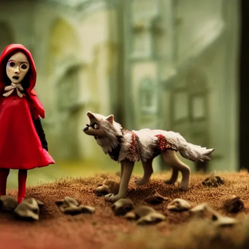 Image similar to a cinematic film still of a claymation stop motion film starring emma watson as little red riding hood, looking at wild wolf, shallow depth of field, 8 0 mm, f 1. 8