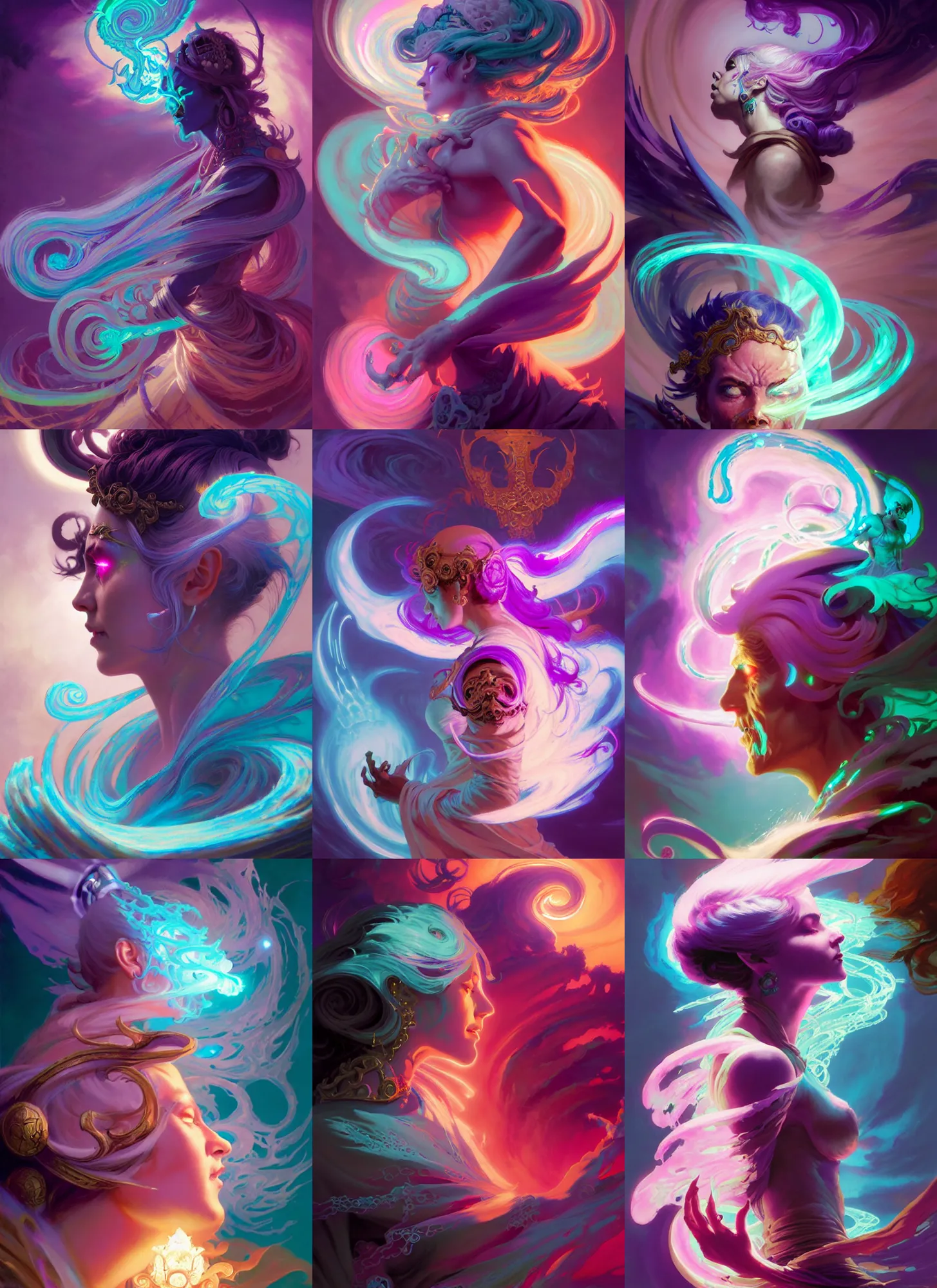 Prompt: side profile, chaotic soultaker necromancer god, gloomhaven, luminescent, colorful swirly magic ripples, pastel colors, by greg manchess, huang guangjian, gil elvgren, sachin teng, greg rutkowski, jesper ejsing, ilya kuvshinov