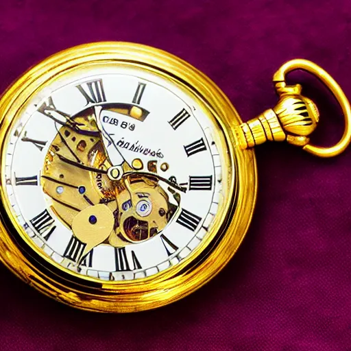 Prompt: close up photo of a gold pocket watch, high detail, complex,