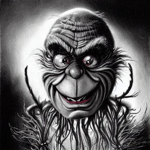 Image similar to Black and white drawing of The Grinch, Stephen Gammell style, evil, high detail, Scary Stories