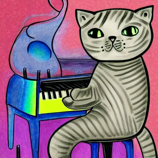 Prompt: anthropomorphic grey british shorthair cat sitting upright playing piano keyboard with abstract musical note background detailed colorful colored pencil drawing in the style of claudia sanchez 4 k