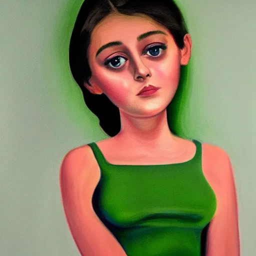 Image similar to portrait of a beautiful woman in green in the style of Margaret Keane, realistic, highly detailed, HD, 4k