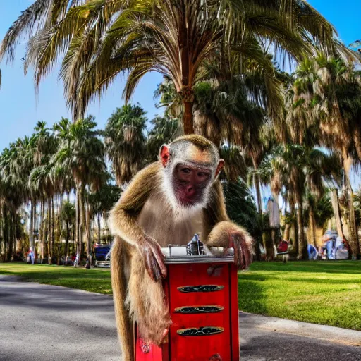 Prompt: old organ grinder monkey with his organ surrounded by palm trees 8k