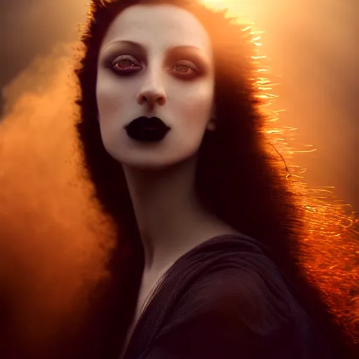 Image similar to photographic portrait of a stunningly beautiful goth renaissance female in soft dreamy light at sunset, smoke fog dust, god rays contemporary fashion shoot, by edward robert hughes, annie leibovitz and steve mccurry, david lazar, jimmy nelsson, breathtaking, 8 k resolution, extremely detailed, beautiful, establishing shot, artistic, hyperrealistic, beautiful face, octane render