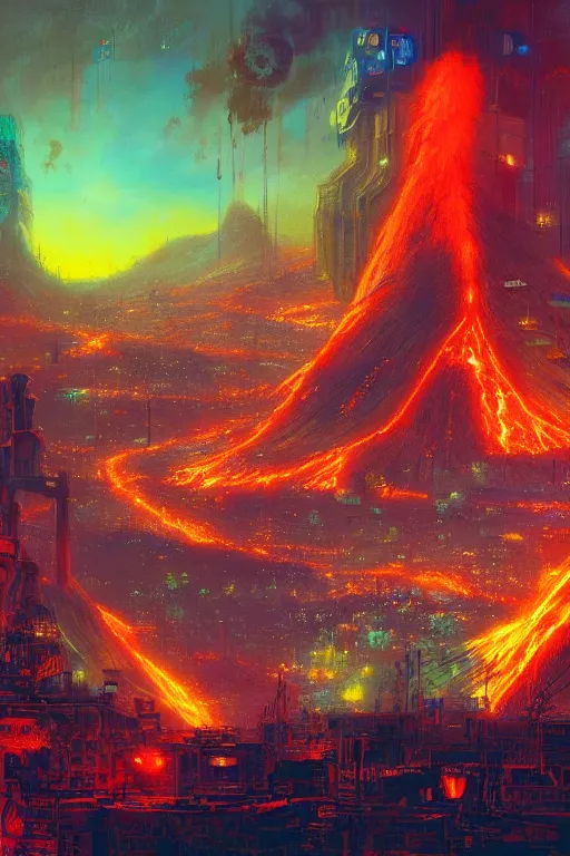 Prompt: a cyberpunk city in the crater of a volcano, lava flowing, smoke, fire, neon, clubs, lasers, airships, industrial, by paul lehr, jesper ejsing