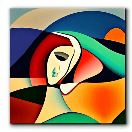 Image similar to woman woman as the natural landscape, her curves form the mountains and rivers of this land, high quality art in the style of cubism and georgia o'keefe,