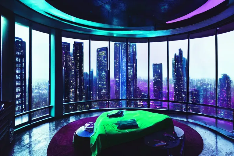 Image similar to a futuristic bedroom with large curved ceiling high windows looking out to a far future cyberpunk cityscape, cyberpunk neon lights, raining, scifi