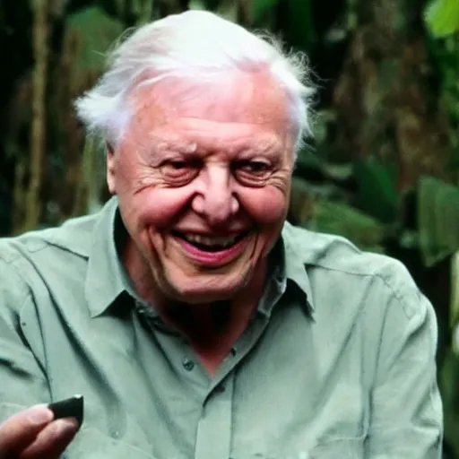 Prompt: Sir David Attenborough smiling in a jurassic period jungle, dslr, highly detailed, bbc documentary, natural history