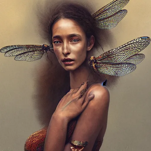 Image similar to brown woman wearing a shiny dragonfly armor. iridiscent. super detailed. layered. textured. award winning. dispersion of light. refracted lighting. soft. fragile. by ray caesar. by louise dahl - wolfe. by andrea kowch. by tom bagshaw. surreal photoraphy