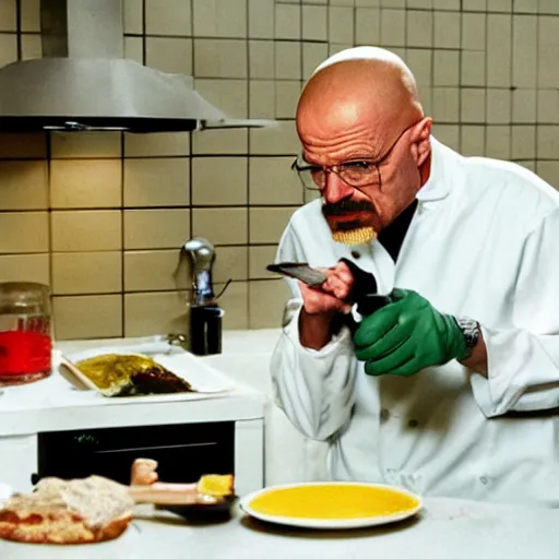 Prompt: walter white cooks a tiny mosquito, exotic cuisine