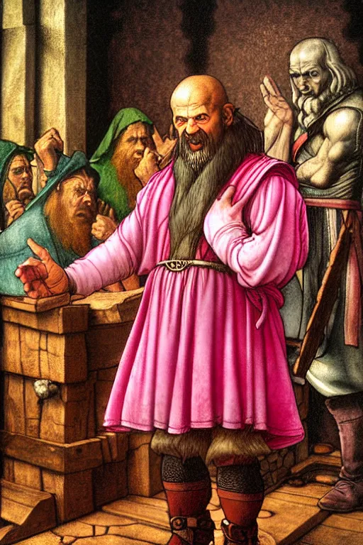 Prompt: male dwarfish cleric wearing only boots and a pink skirt, holding a holy symbol, he is preaching, he looks like he is insane. the background is a friendly tavern. The mood is friendly and welcoming. dungeons and dragons, highly detailed, digital painting, artstation, concept art, sharp focus, illustration, art by Leonardo da Vinci and Michelangelo and Botticelli