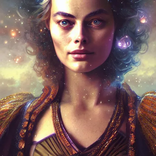 Prompt: a very detailed Magic portrait painting of Margot Robbie, a very detailed fantasy city background, a very detailed dramatic sky, light particles, drawn by Donato Giancola and Tom Bagshaw, Edmund Leighton, Alphonse Mucha, 4k, volumetric lighting, komorebi, award winning, octane render, hyperrealistic