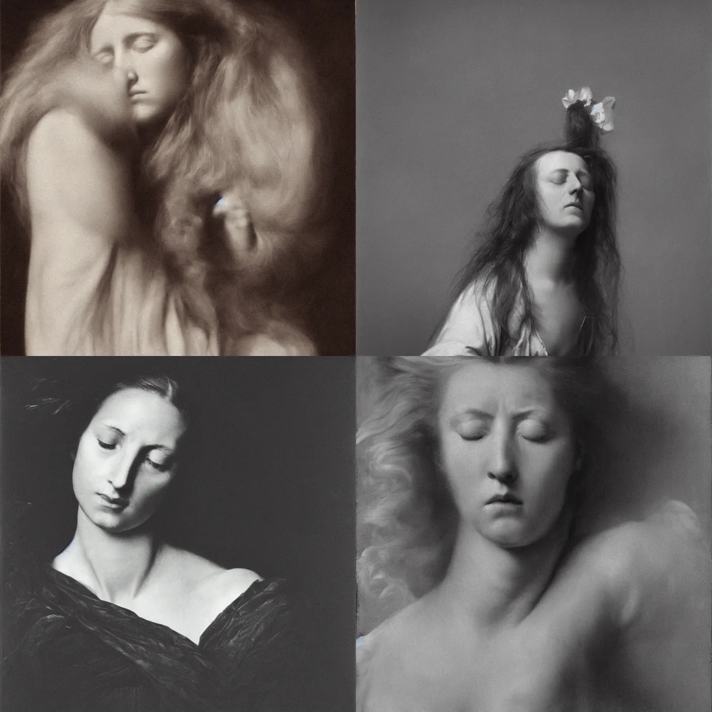 Prompt: A portrait of a woman with long hair and closed eyes by Abraham Bloemaert and Arnold Newman. masterpiece. hq. ultra detailed. realistic. moody. cinematic.