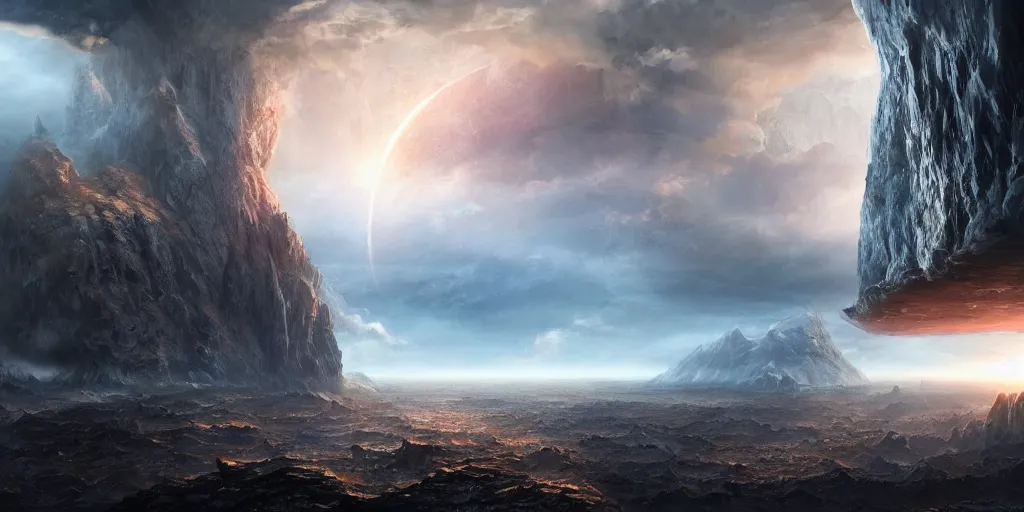 Image similar to the edge of the world ends with a cliff to space, High fantasy, Cinematic Matte Painting, Insanely Detailed, Award Winning, Trending on Artstation, 8k, UHD