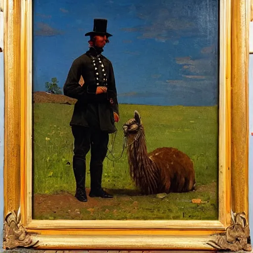 Prompt: oil painting by winslow homer of a civil war soldier and a llama.