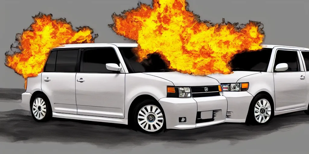 Image similar to first generation scion xb, on fire, digital art