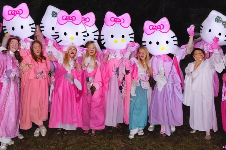 Prompt: group shot of many Gandalfs wearing pink Hello kitty costumes, laughing maniacally, sunrise, movie still from Lord of the Rings, cinematic