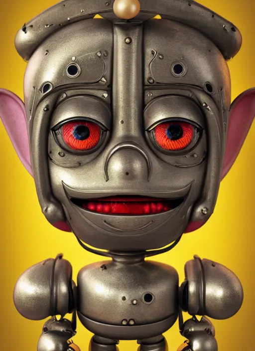 Prompt: closeup portrait of tin toy robot goblin trap, depth of field, zeiss lens, detailed, symmetrical, centered, fashion photoshoot, by nicoletta ceccoli, mark ryden, lostfish, breathtaking, 8 k resolution, extremely detailed, beautiful, establishing shot, artistic, hyperrealistic, octane render