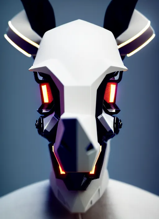 Image similar to hyper detailed ultra sharp portrait of a beautiful fashionable porcelain ivory cyberpunk scifi robo donkey with glowing eyes, up close shot, sharp focus, global illumination, radiant light, black haute couture, alexandre ferra, irakli nadar, octane render, 4 k, ultra hd,