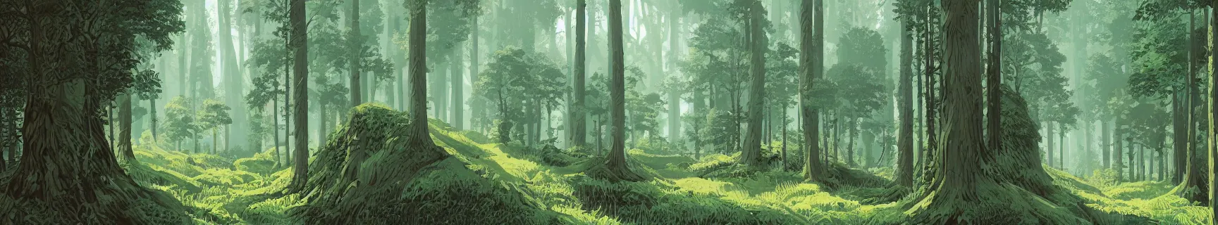 Prompt: An illustraion of a green forest, digitala rt, massive scale, detailed, Ghibli Studio, Dan Mumford