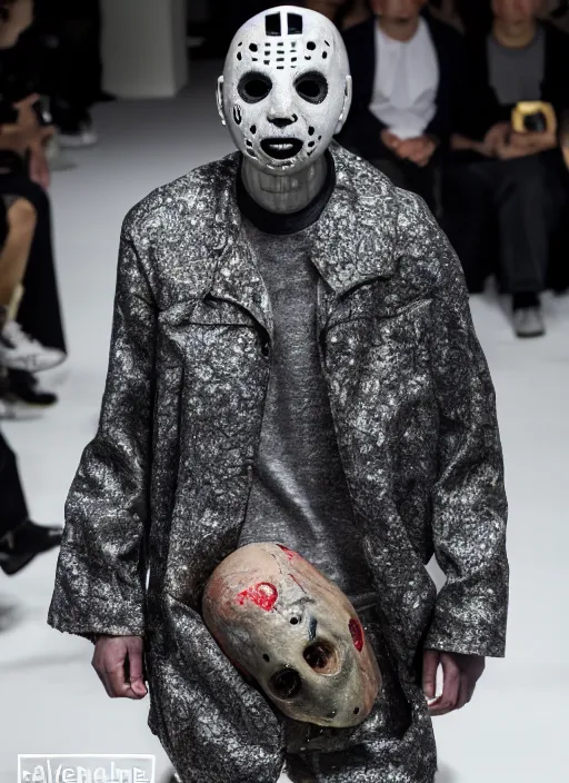 Image similar to hyperrealistic and heavy detailed balenciaga avant garde runway show of jason voorhees, leica sl 2 5 0 mm, vivid color, high quality, high textured, real life, full body in shot, medium distance