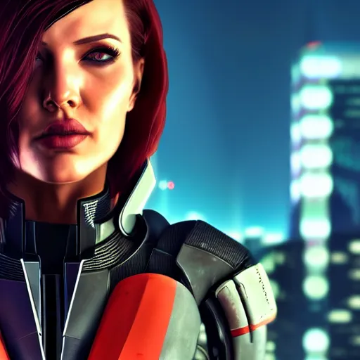 Prompt: epic portrait of femshep Mass Effect 1 character creator scars 1 on cheek, Night City, cyberpunk 2077, neon megacity in the background, angry and bored, illustration, soft lighting, soft details, painting oil on canvas by mark arian by artgerm, trending on artstation, 4k, 8k, HD
