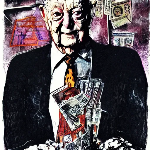 Image similar to George Soros full body shot, dollar bills Body horror, biopunk, by Ralph Steadman, Francis Bacon, Hunter S Thompson